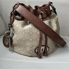 FOSSIL MADDOX Bucket Drawstring Shoulder Bag Tan Canvas Leather Trimmed #ZB4960