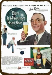 1949 BLATZ BEER Vintage Look REPLICA METAL SIGN - BOWLING CHAMPION HANK MARINO