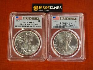 2021 SILVER EAGLE PCGS MS70 FIRST STRIKE 2 COIN SET BOTH TYPE 1 & TYPE 2