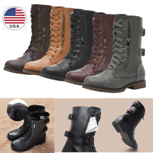 Women Military Boots Winter Faux Fur Lining Side Zipper Combat Mid Calf Boots