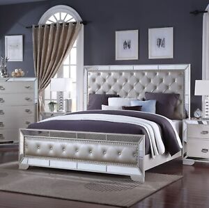 Modern White Finish Queen Bed Button-Tufted Upholstered Bedroom Furniture Wood