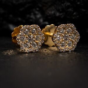 Natural Diamond 0.76 Ct 10K Yellow Gold Flower Cluster Screw Back Stud Earrings