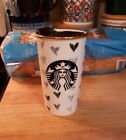 Starbucks 2014 Tumbler Ceramic Travel Coffee Mug Gold Rim Black Gray Hearts 12OZ