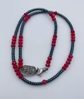 King Baby Sterling Silver Hematite & Red Stone Beaded Necklace