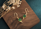Green Jade Drop Dangle Earrings Minimalist Leaf Gemstone Hook 18K Gold Plated