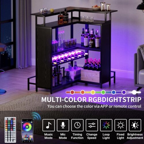 L Shaped Mini Corner Home Bar Cabinet With Led Lights, A Wine And Stemware Wrack