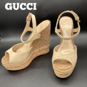 GUCCI GG Logo Espadrilles Strap Sandals size 37 Beige Wedge sole Suede Leather