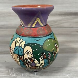 Mexican Pottery Vase Folk Art Hand Painted Story Storytelling Signed Terracotta
