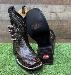 Mens WESTERN COWBOY Leather PYTHON BROWN SCALE Print Square Toe Boots PITON 695