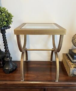 VICTORIAN FRENCH ESTATE SQUARE BRASS Gold PLANT STAND MCM SIDE TABLE GLASS TOP