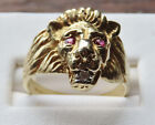10k Solid Yellow Gold Men's Lion Ring , Red Eyes