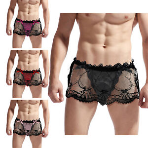 US Men Sissy Lace T-Back Thongs Underwear Gay Jockstrap Skirted Panties Lingerie