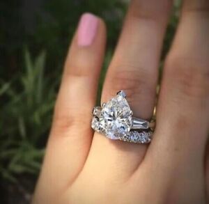 3CT Pear Shape Lab Created Diamond Wedding Bridal Ring Set 14K White Gold Plated