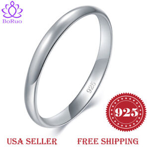 BORUO 925 Sterling Silver Ring Plain Dome Comfort Fit Wedding 2mm Band Size 4-12