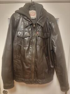 Levis Trucker Jacket Men’s Large Faux Leather Dark Brown Hooded Lined Bomber
