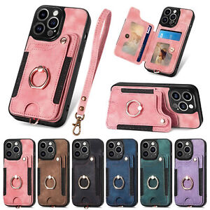 For iPhone 15 Pro 14 13 12 11 X RFID Blocking Leather Credit Card ID Holder Case