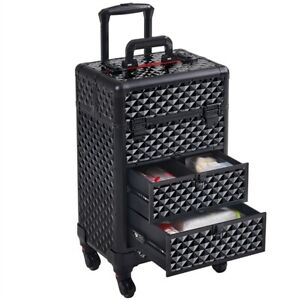 Rolling Makeup Train Case with Drawers Professional Cosmetics Storage Organizer