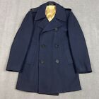 Vintage 70's Robert Lewis Peacoat Trench Coat Size 36 Navy Blue Wool Gold Lined