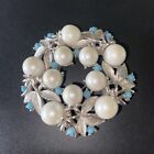 VINTAGE SIGNED SARAH COVENTRY SILVER TONE PIN BROOCH FAUX PEARL TURQUOISE ESTATE