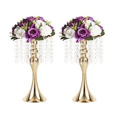 Set Of 2 Crystal Centerpieces For Tables Gold Metal Flower Vase Stand For Weddin