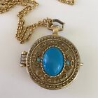 Vintage Faux Turquoise Locket Diffuser Pendant Necklace Gold Tone 24