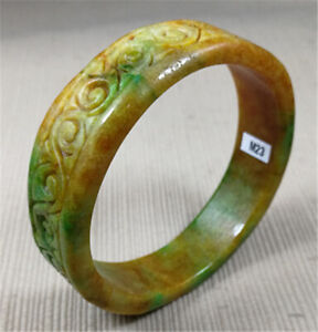 59mm Ancient Myanmar Natural Green Yellow Jadeite Bracelet Carved Jade Bangle