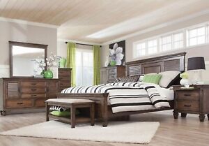 Coastal Design Furniture - 5 piece Brown Oak Queen King Panel Bedroom Set IA73