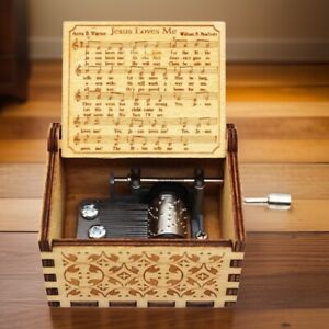 “Jesus Loves Me” Vintage Handmade Hand Crank  Wooden Music Box