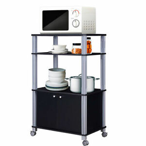 Bakers Rack Microwave Stand Rolling Storage Cart Multi-functional Display Black