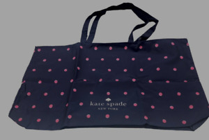 NEW Kate Spade Large Canvas Shopper Beach Foldable Tote Bag Navy Blue Pink Dots