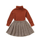 Girls Clothes Set, Solid Color Turtleneck Knitwear and Pleated Skirt
