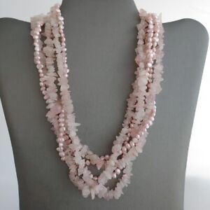 Pink Freshwater Pearl Rose Quartz Necklace 5 Strands Sterling Silver 18” - 20”