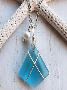 Sea Glass Necklace Jewelry w Turquoise Blue Diamond Shaped Pendant Wire Wrapped