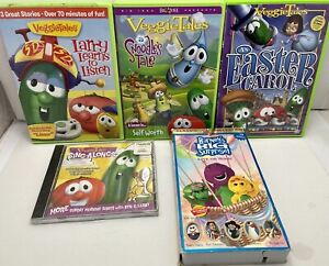 Veggie Tales Lot Of 4 - 3 DVDs, 1 Sealed CD, 1 Barney  VHS Kids Christian TV