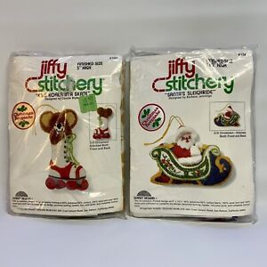 2 Vintage Jiffy Stitchery Christmas Keepsake Mouse & Santa Sleigh 3D Ornaments