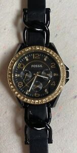 Fossil Watch Black Gold Chronograph Stones Leather Band Womens