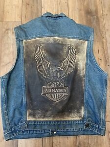 Harley Davidson Denim Vest Vtg Biker Blues Leather Mens USA Made Sz L Eagle Vgc