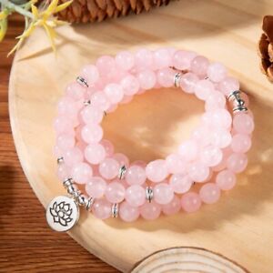 Natural 8mm Rose Quartz Pink Crystal Lotus Metal Charm Necklace for Love Healing