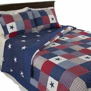 All American Quilted Blanket Red White Blue Bedspread Twin Queen King