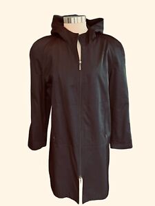 Anne Klein Women L Black Long Hooded Trench Rain Coat Zip Pockets Zipper Front