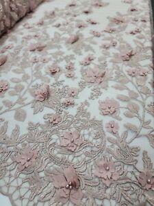 Dusty Rose Beaded Lace 3d Flowers Prom Fabric By The Yard Bridal Evening Dress