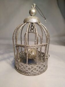 VINTAGE SILVER GLITTER BIRD IN A BIRD CAGE CHRISTMAS ORNAMENT