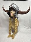 Silver and Brown Rubber Viking Helmet Bull Horns And Braids Costume Hat