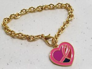 Estee Lauder Breast Cancer Awareness Pink Ribbon Heart Gold Charm Bracelet 2013
