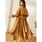 Women Long Pleated Trench Coat Belted Double Breasted Lapel Collar Windbreaker