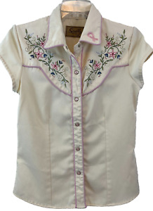 Scully Ivory Floral Embroidered Western Shirt Size XS Pearl Snap Breast Cancer