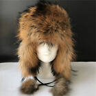 Real Raccoon Fur Hat Russian Aviator Ski caps Leather Trapper Hat w EarFlap