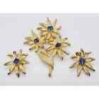 Vintage Flower Bouquet Brooch Clip Earrings Set Gold plate Blue Rhinestone