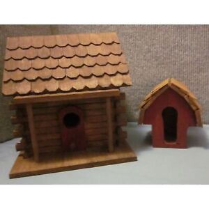 Handcrafted Rustic Classic Log Cabin Birdhouse w/Outhouse Craftsman Deco