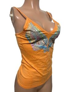 Y2K Orange Glam Embellished Butterfly Cami Tank Top New Fairycore Milkmaid  S